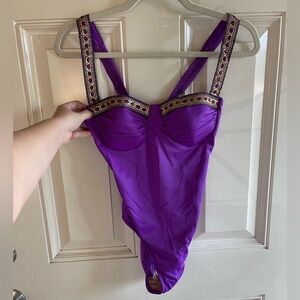 purple and gold vintage one piece swimsuit